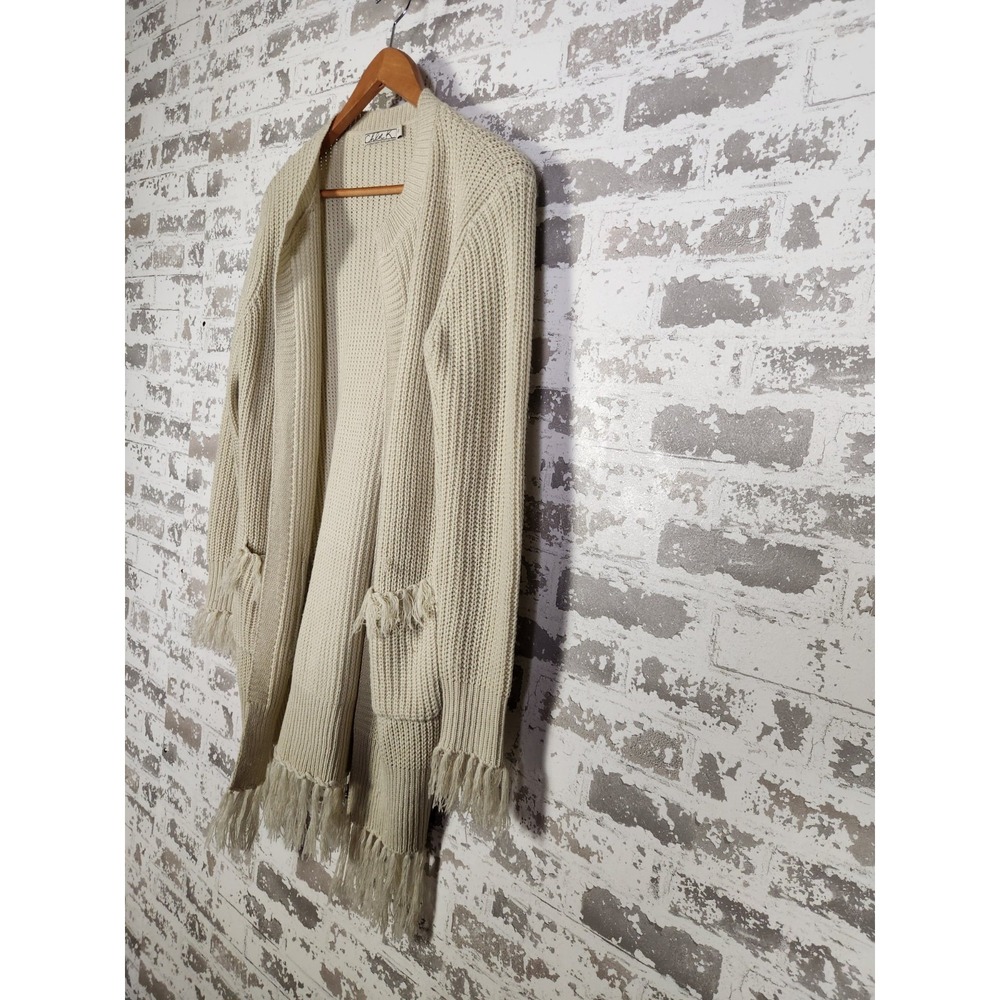 Boho Western Cardigan Beige Fringe Size Small Open Chunky Pockets - Picture 6 of 16